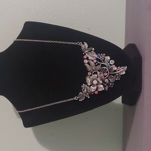 Betsey Johnson Silvertone Floral Multi Color Rhinestone Necklace 18"